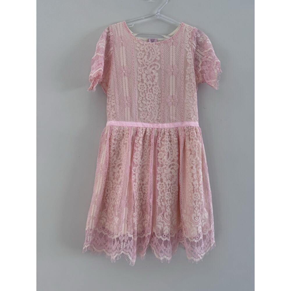 Ava & Yelly Girls Pink Floral Lace A-Line Dress Size 7 Short Sleeve Knee Length